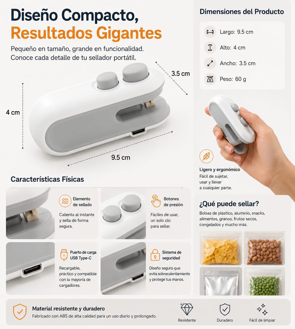 Mini sellador de bolsas recargable, compacto, potente y portatil