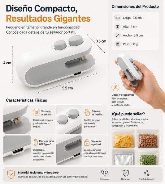 Mini sellador de bolsas recargable, compacto, potente y portatil