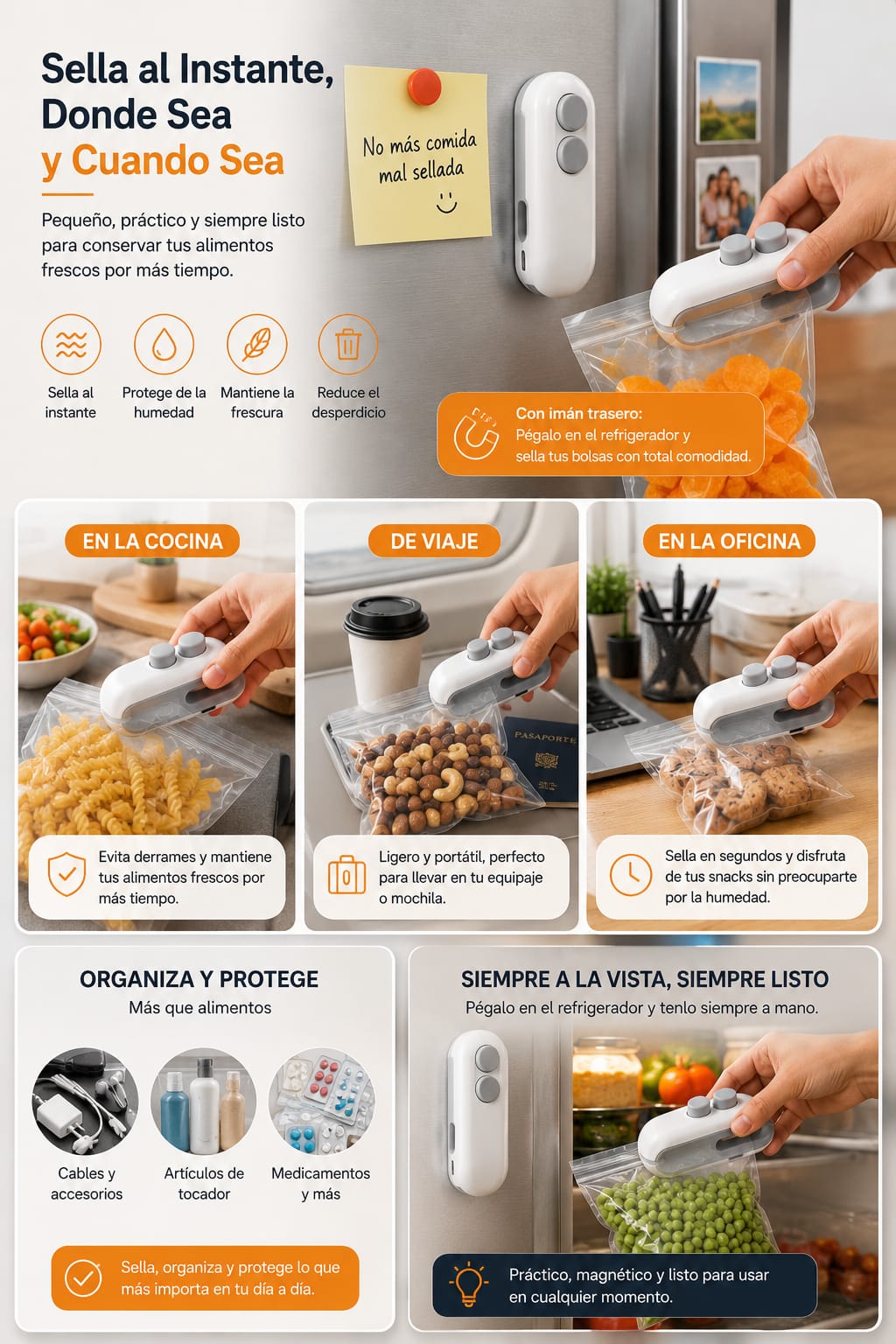 Mini sellador de bolsas recargable, compacto, potente y portatil