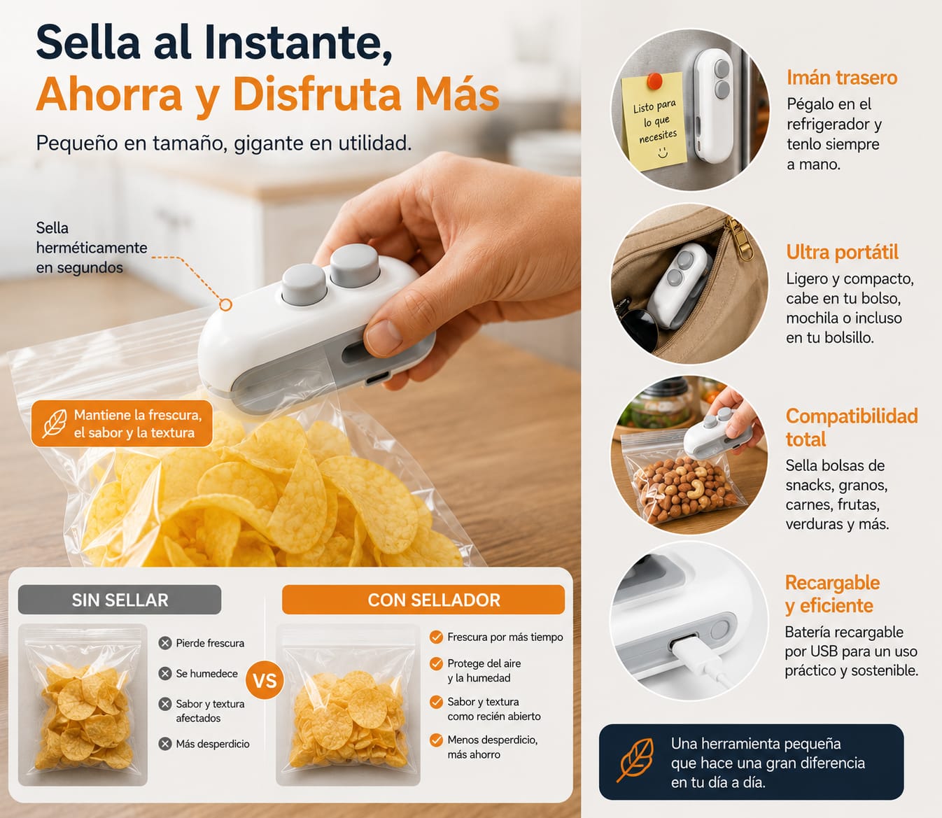 Mini sellador de bolsas recargable, compacto, potente y portatil