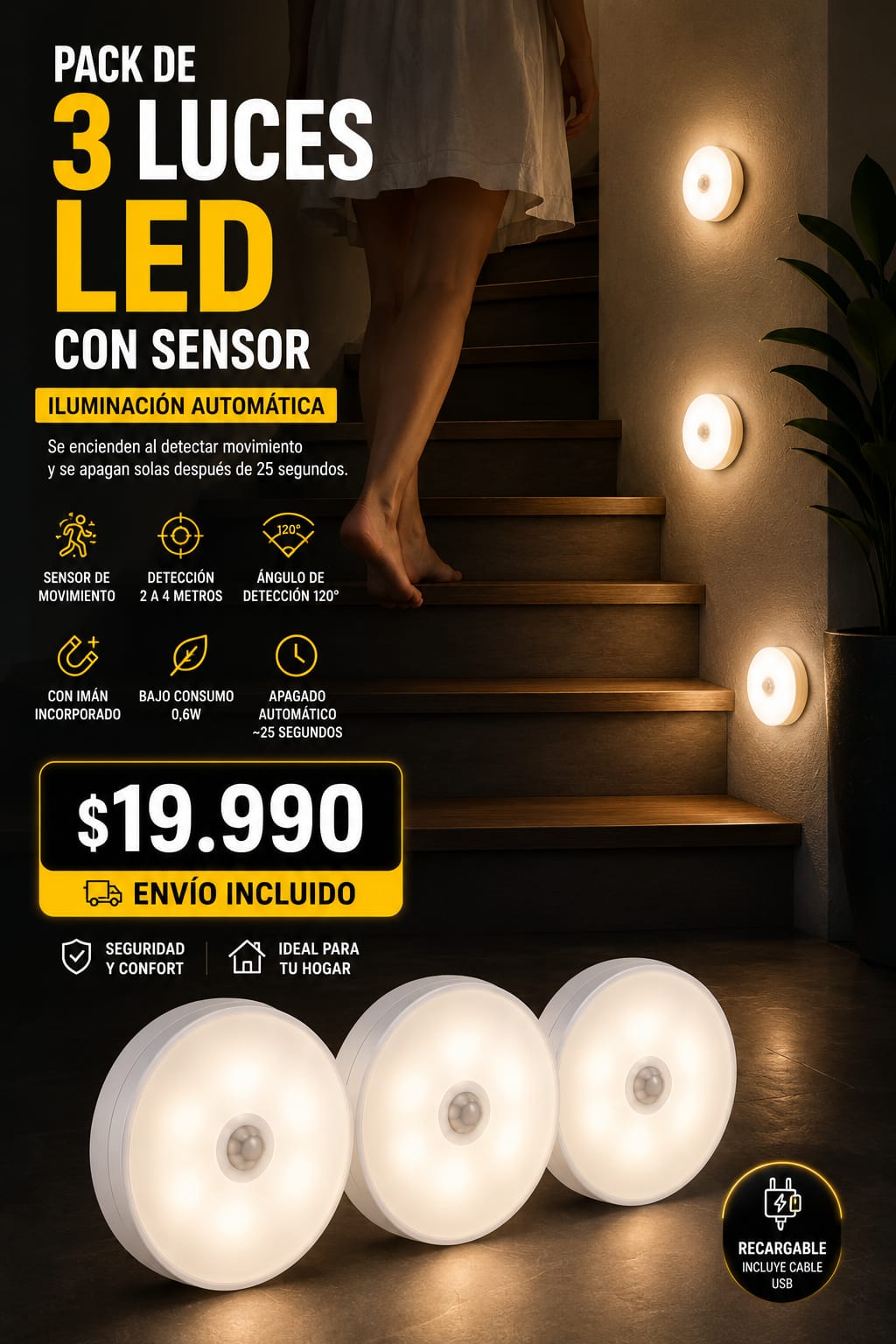 Pack 3 Luces LED con Sensor de Movimiento | Iluminación Automática