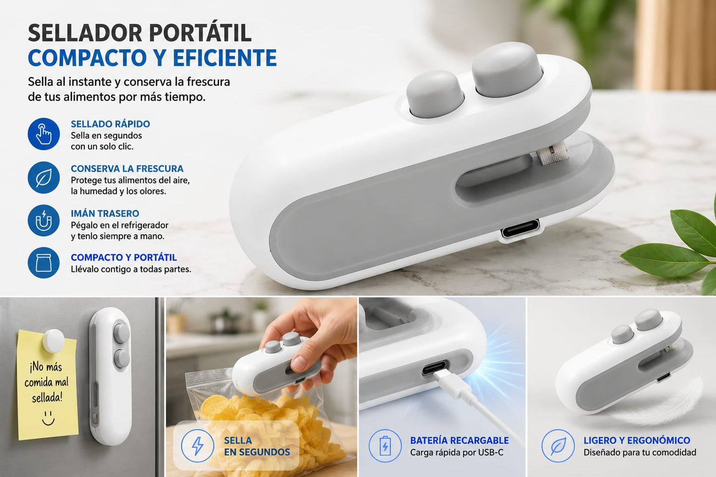 Mini sellador de bolsas recargable, compacto, potente y portatil